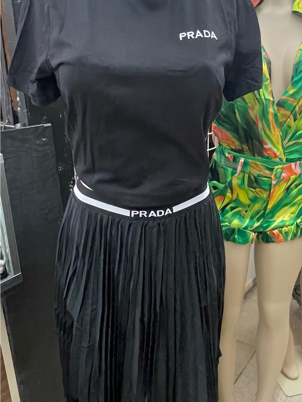 Prada Black Elastic Logo Waist Belt with White Trim